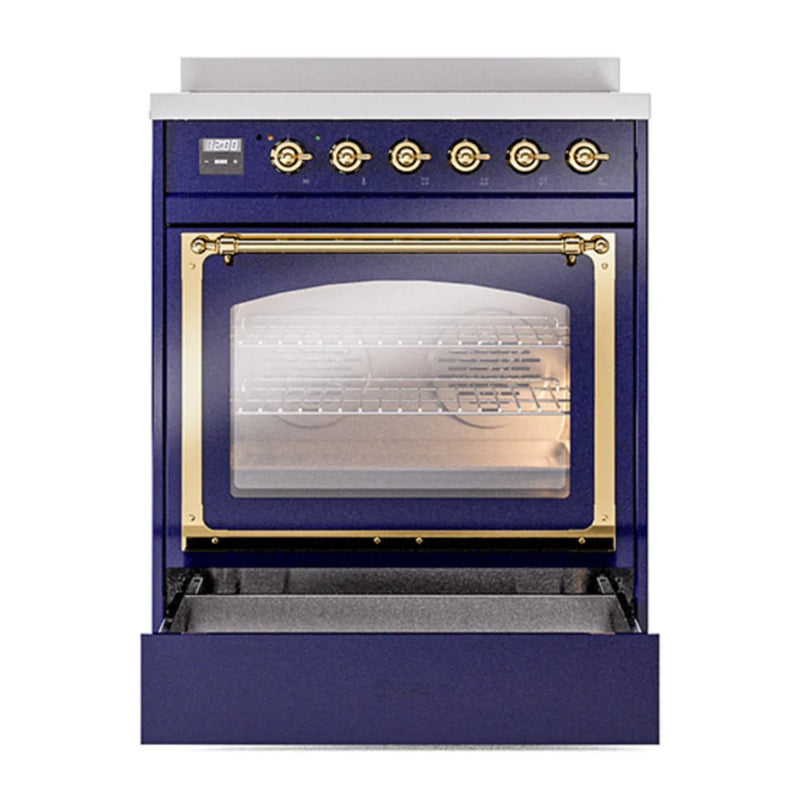 ILVE Nostalgie II Noblesse 30" Induction Freestanding Range in Midnight Blue with Brass Trim, UNI304NMPMBG