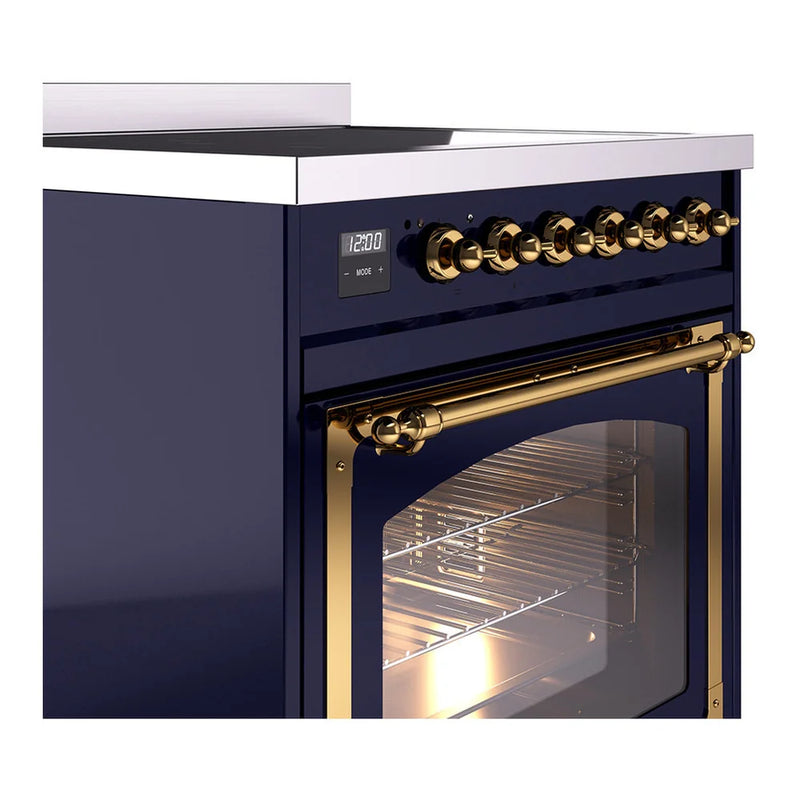 ILVE Nostalgie II Noblesse 30" Induction Freestanding Range in Midnight Blue with Brass Trim, UNI304NMPMBG