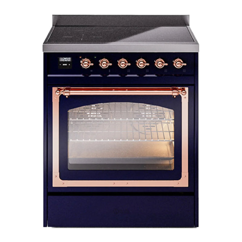 ILVE Nostalgie II Noblesse 30" Induction Freestanding Range in Midnight Blue with Copper Trim, UNI304NMPMBP