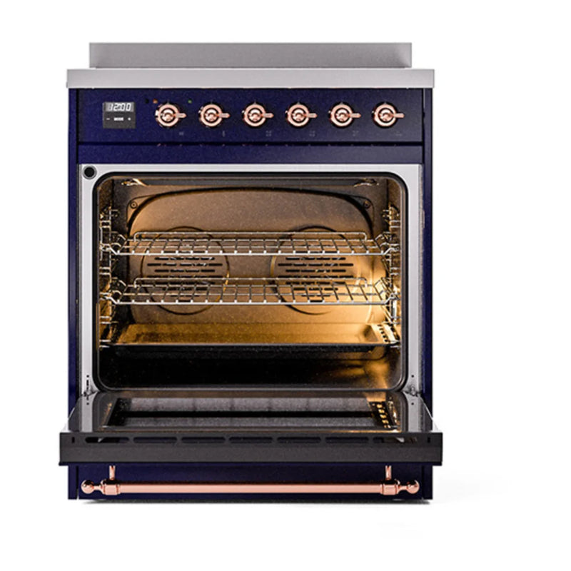 ILVE Nostalgie II Noblesse 30" Induction Freestanding Range in Midnight Blue with Copper Trim, UNI304NMPMBP