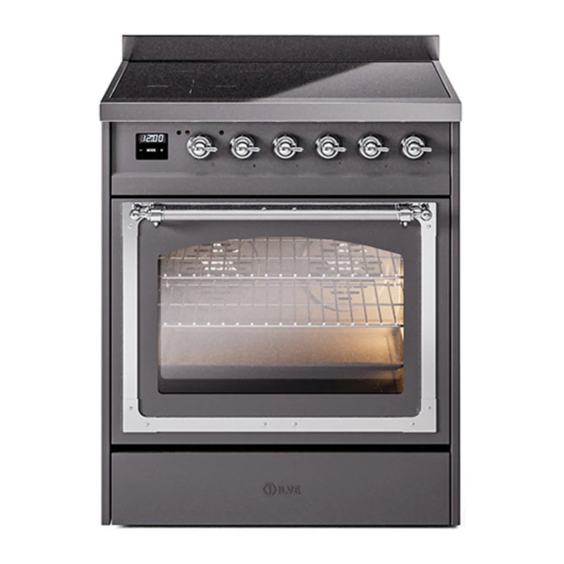 ILVE Nostalgie II Noblesse 30" Induction Freestanding Range in Graphite Matte with Chrome Trim, UNI304NMPMGC