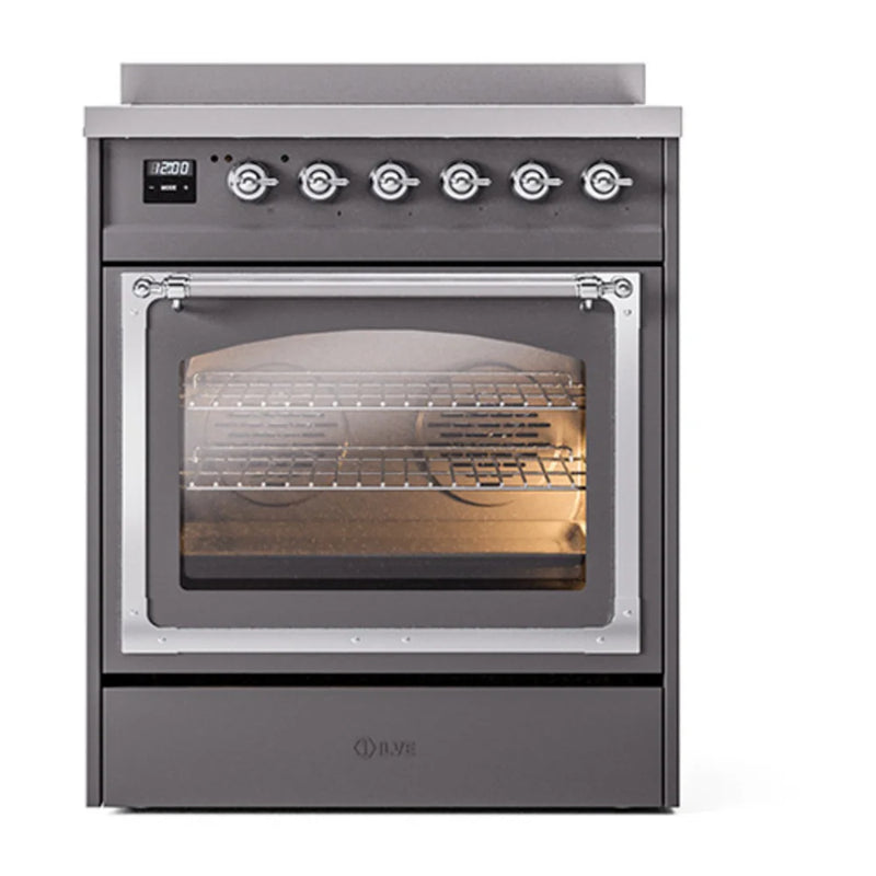 ILVE Nostalgie II Noblesse 30" Induction Freestanding Range in Graphite Matte with Chrome Trim, UNI304NMPMGC