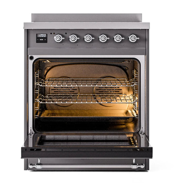 ILVE Nostalgie II Noblesse 30" Induction Freestanding Range in Graphite Matte with Chrome Trim, UNI304NMPMGC