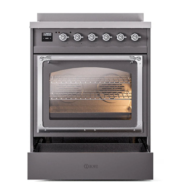 ILVE Nostalgie II Noblesse 30" Induction Freestanding Range in Graphite Matte with Chrome Trim, UNI304NMPMGC