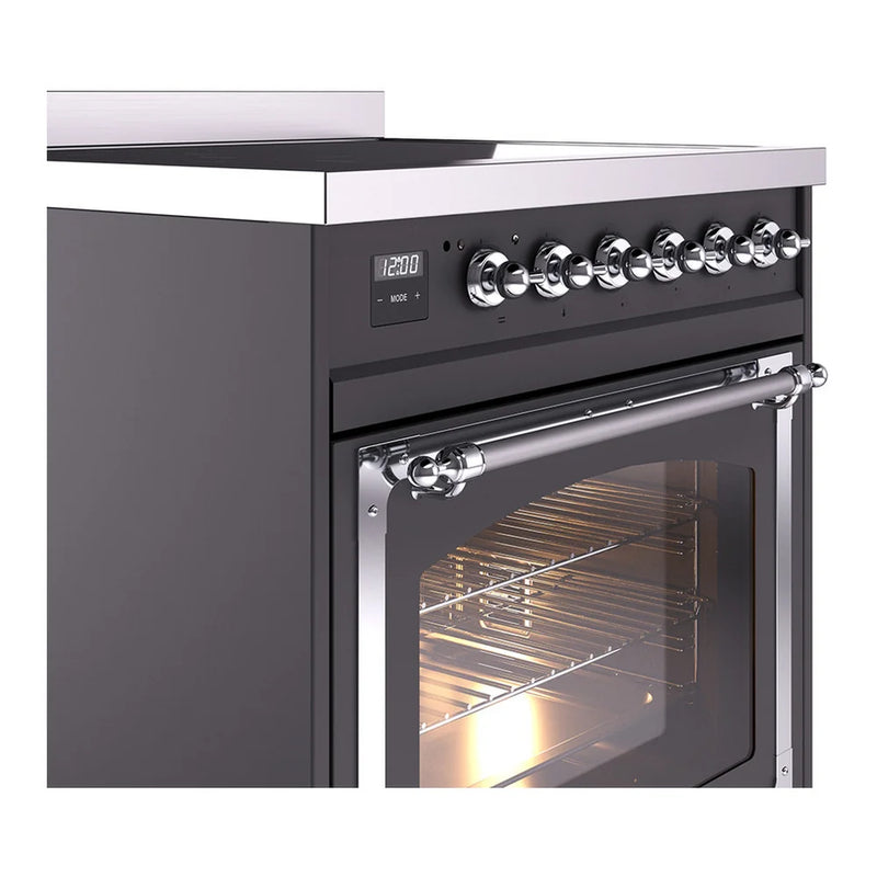 ILVE Nostalgie II Noblesse 30" Induction Freestanding Range in Graphite Matte with Chrome Trim, UNI304NMPMGC