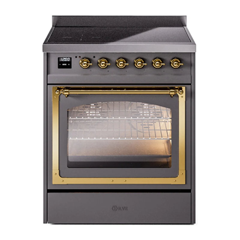 ILVE Nostalgie II Noblesse 30" Induction Freestanding Range in Graphite Matte with Brass Trim, UNI304NMPMGG