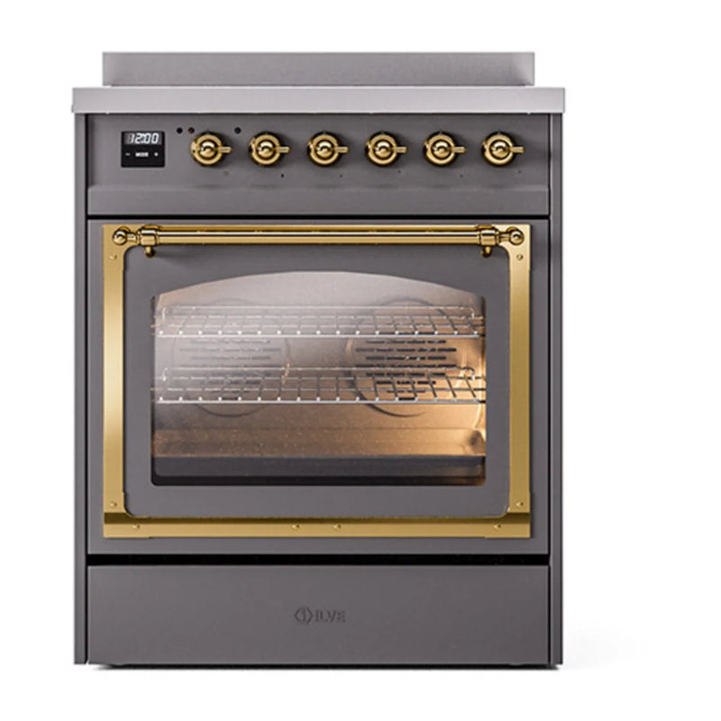 ILVE Nostalgie II Noblesse 30" Induction Freestanding Range in Graphite Matte with Brass Trim, UNI304NMPMGG