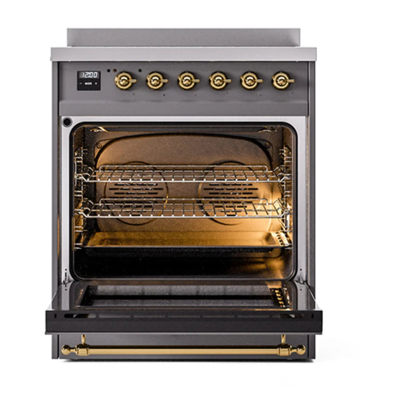 ILVE Nostalgie II Noblesse 30" Induction Freestanding Range in Graphite Matte with Brass Trim, UNI304NMPMGG