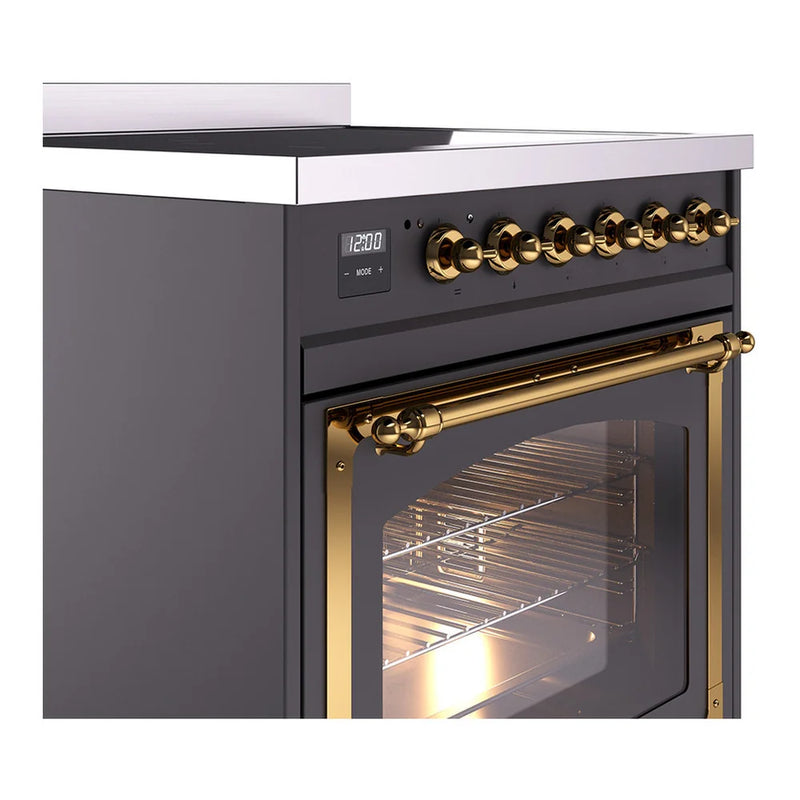 ILVE Nostalgie II Noblesse 30" Induction Freestanding Range in Graphite Matte with Brass Trim, UNI304NMPMGG
