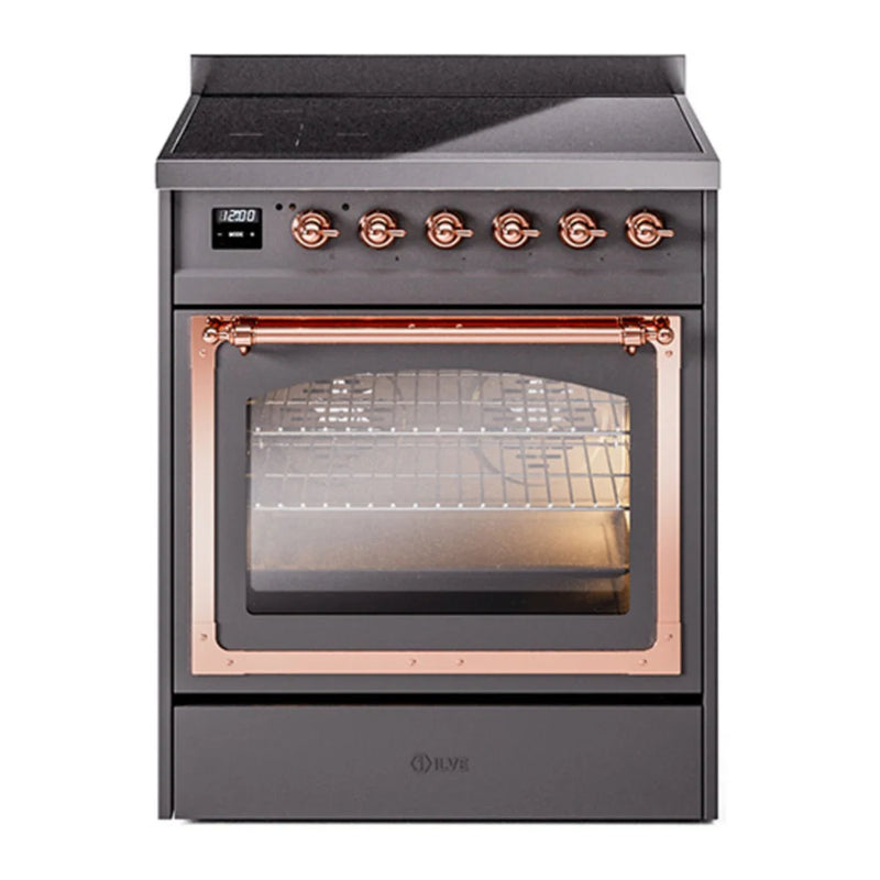 ILVE Nostalgie II Noblesse 30" Induction Freestanding Range in Graphite Matte with Copper Trim, UNI304NMPMGP