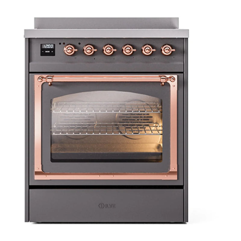 ILVE Nostalgie II Noblesse 30" Induction Freestanding Range in Graphite Matte with Copper Trim, UNI304NMPMGP