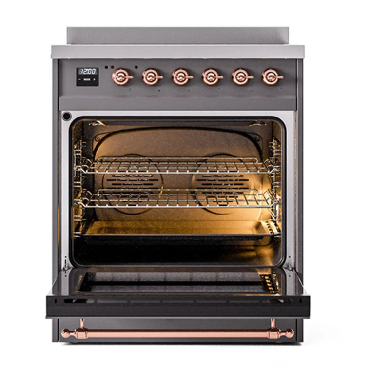 ILVE Nostalgie II Noblesse 30" Induction Freestanding Range in Graphite Matte with Copper Trim, UNI304NMPMGP