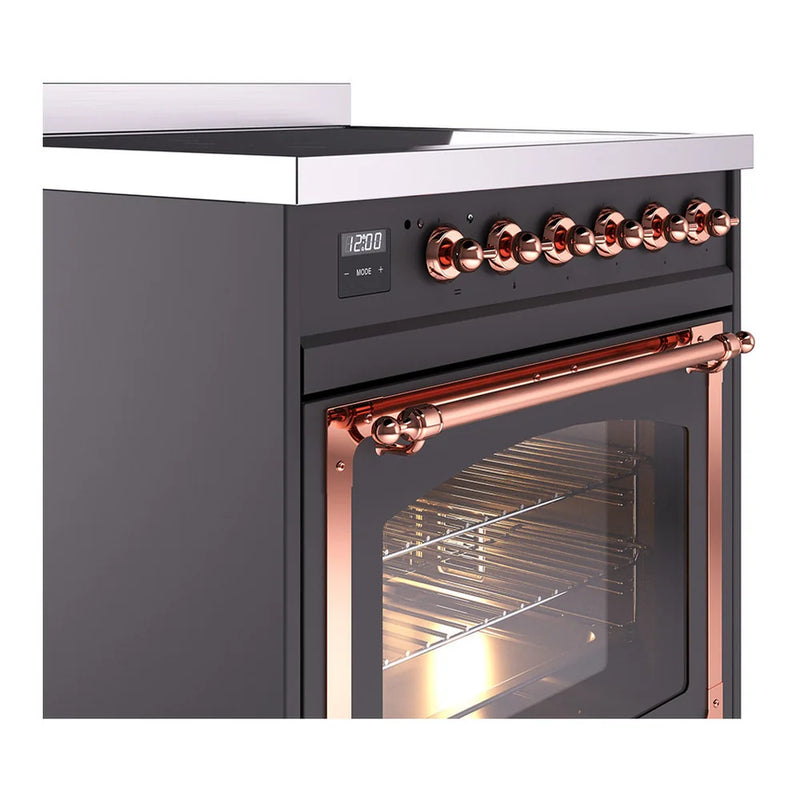 ILVE Nostalgie II Noblesse 30" Induction Freestanding Range in Graphite Matte with Copper Trim, UNI304NMPMGP