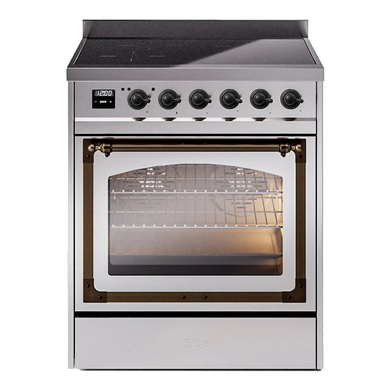 ILVE Nostalgie II Noblesse 30" Induction Freestanding Range in Stainless Steel with Burnished Trim, UNI304NMPSSB