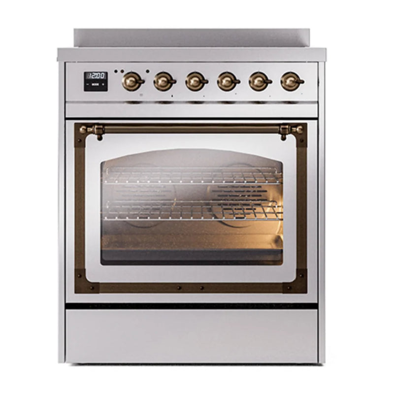 ILVE Nostalgie II Noblesse 30" Induction Freestanding Range in Stainless Steel with Burnished Trim, UNI304NMPSSB