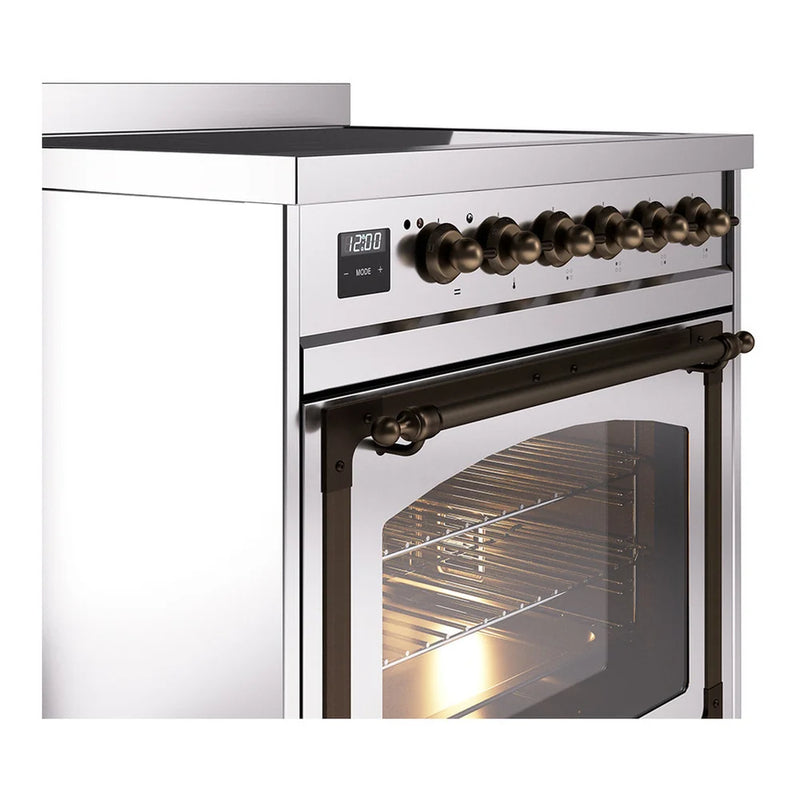 ILVE Nostalgie II Noblesse 30" Induction Freestanding Range in Stainless Steel with Burnished Trim, UNI304NMPSSB