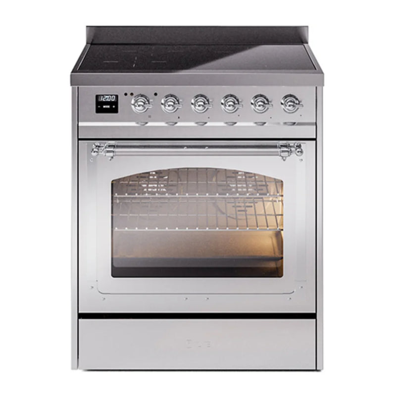 ILVE Nostalgie II Noblesse 30" Induction Freestanding Range in Stainless Steel with Chrome Trim, UNI304NMPSSC