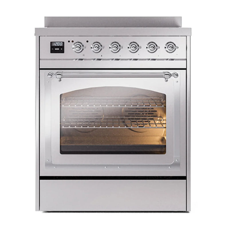 ILVE Nostalgie II Noblesse 30" Induction Freestanding Range in Stainless Steel with Chrome Trim, UNI304NMPSSC