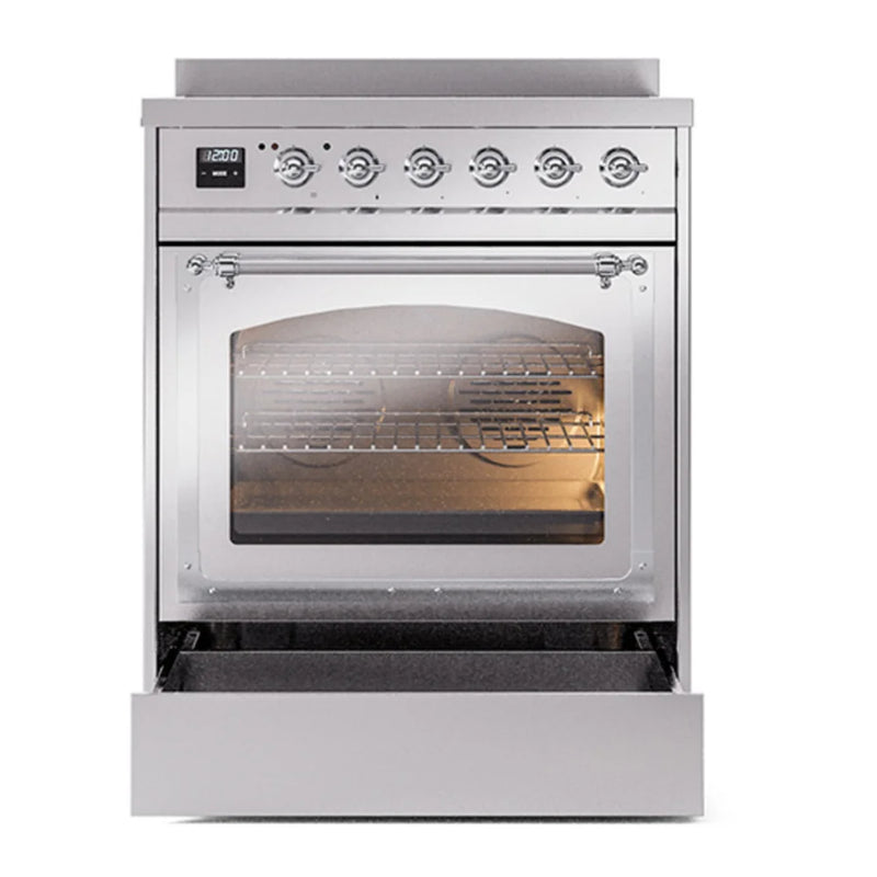 ILVE Nostalgie II Noblesse 30" Induction Freestanding Range in Stainless Steel with Chrome Trim, UNI304NMPSSC