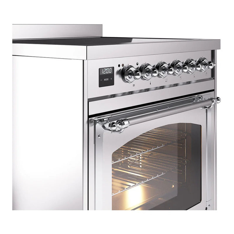 ILVE Nostalgie II Noblesse 30" Induction Freestanding Range in Stainless Steel with Chrome Trim, UNI304NMPSSC