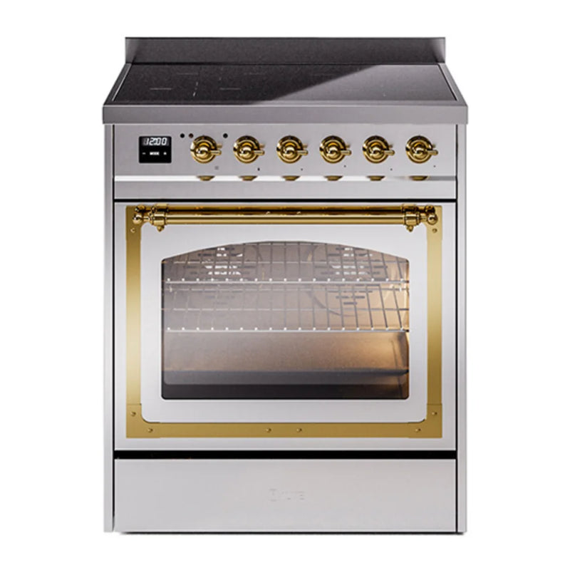 ILVE Nostalgie II Noblesse 30" Induction Freestanding Range in Stainless Steel with Brass Trim, UNI304NMPSSG