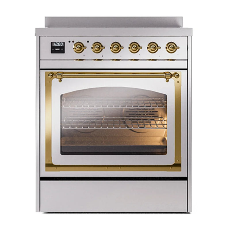 ILVE Nostalgie II Noblesse 30" Induction Freestanding Range in Stainless Steel with Brass Trim, UNI304NMPSSG