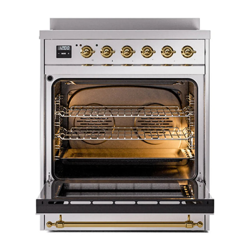 ILVE Nostalgie II Noblesse 30" Induction Freestanding Range in Stainless Steel with Brass Trim, UNI304NMPSSG