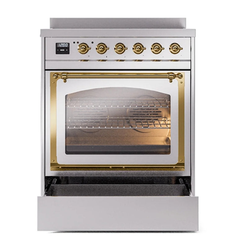 ILVE Nostalgie II Noblesse 30" Induction Freestanding Range in Stainless Steel with Brass Trim, UNI304NMPSSG