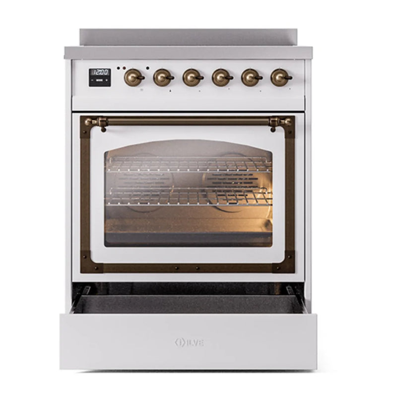 ILVE Nostalgie II Noblesse 30" Induction Freestanding Range in White with Burnished Trim, UNI304NMPWHB