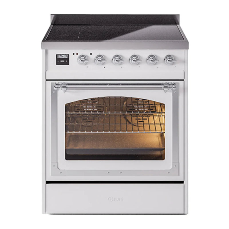ILVE Nostalgie II Noblesse 30" Induction Freestanding Range in White with Chrome Trim, UNI304NMPWHC