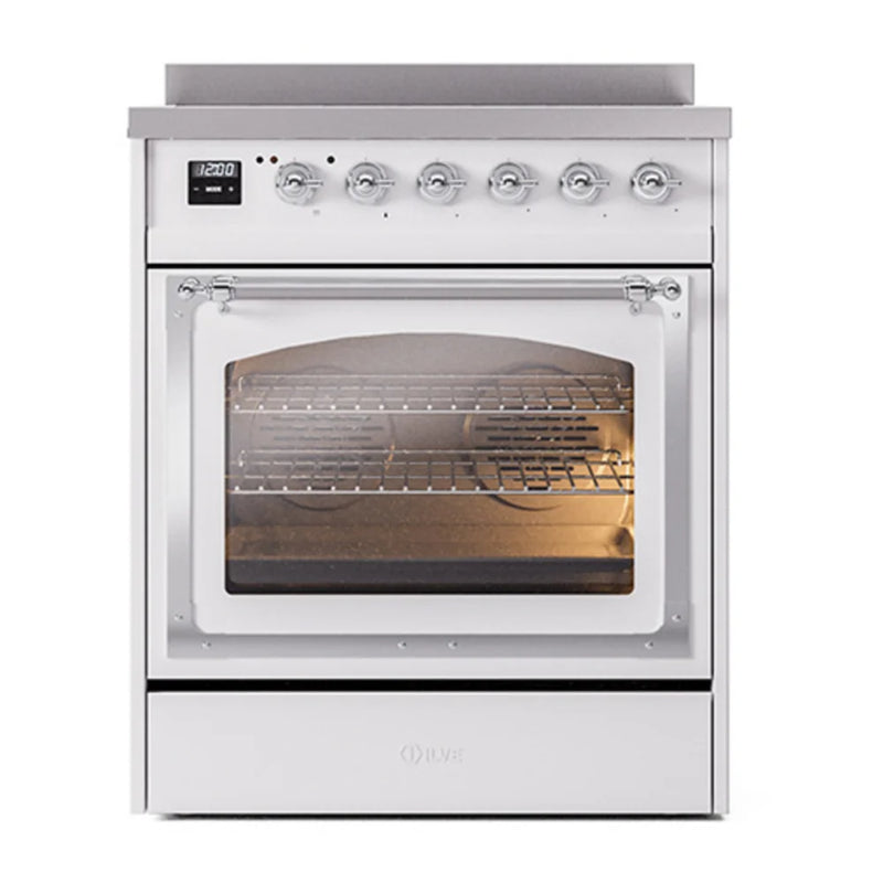 ILVE Nostalgie II Noblesse 30" Induction Freestanding Range in White with Chrome Trim, UNI304NMPWHC