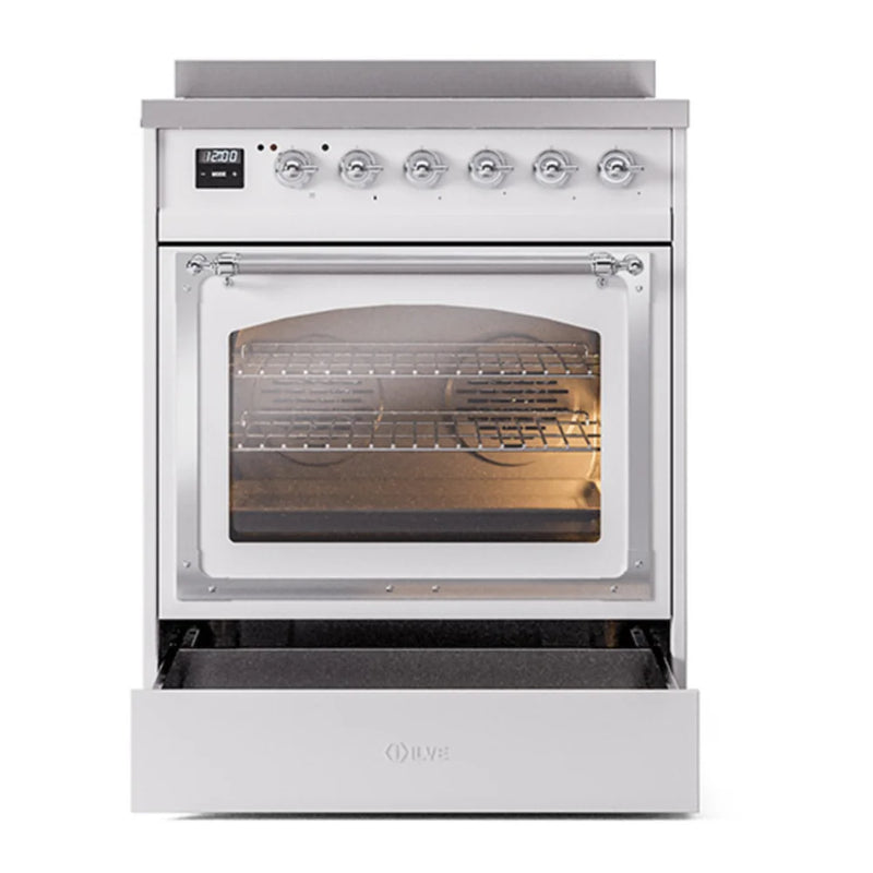ILVE Nostalgie II Noblesse 30" Induction Freestanding Range in White with Chrome Trim, UNI304NMPWHC