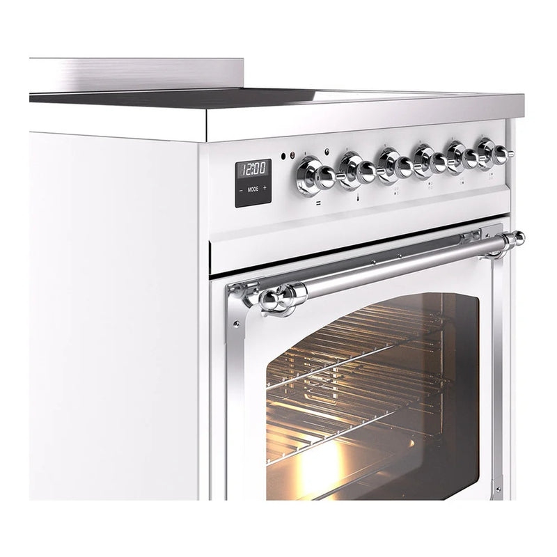 ILVE Nostalgie II Noblesse 30" Induction Freestanding Range in White with Chrome Trim, UNI304NMPWHC