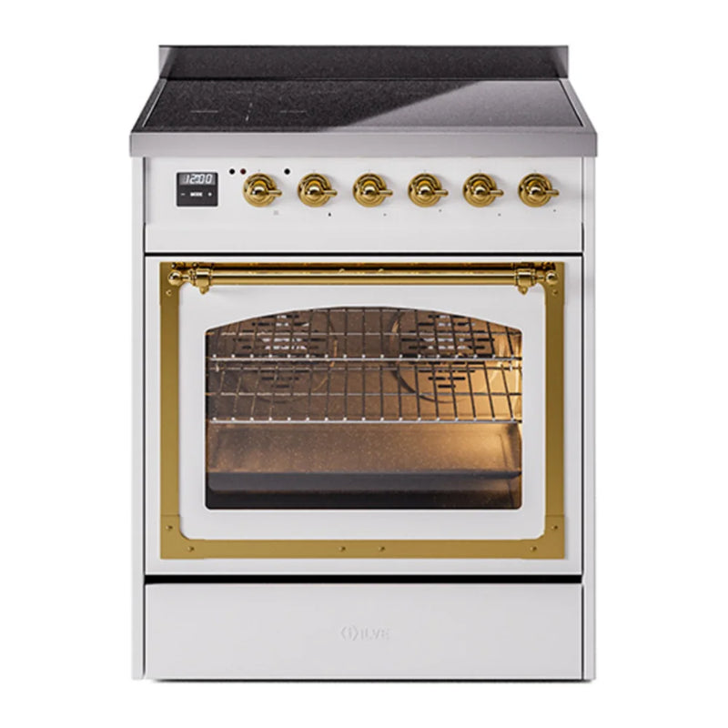 ILVE Nostalgie II Noblesse 30" Induction Freestanding Range in White with Brass Trim, UNI304NMPWHG