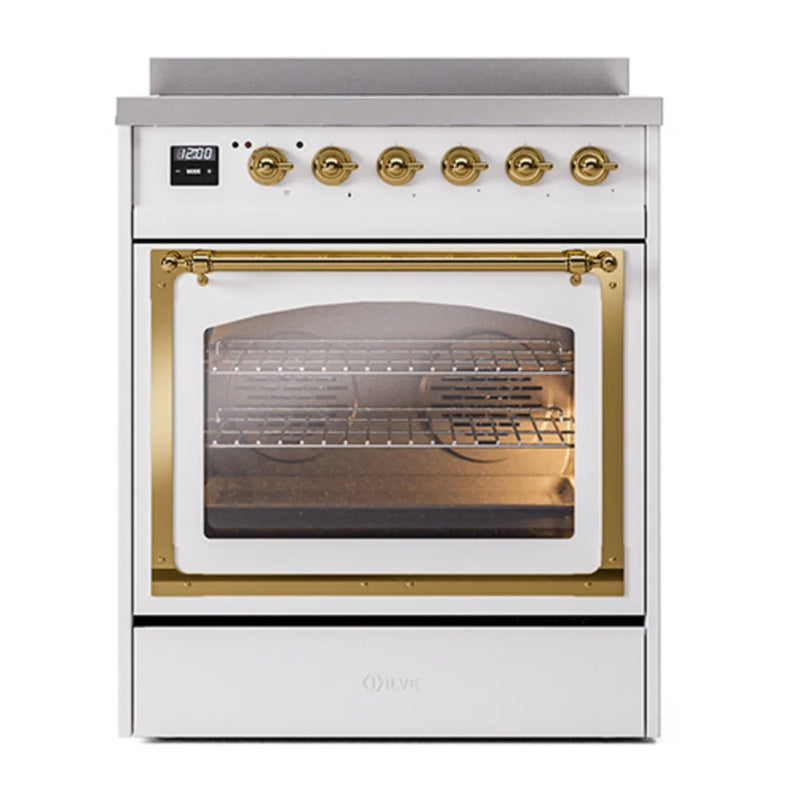 ILVE Nostalgie II Noblesse 30" Induction Freestanding Range in White with Brass Trim, UNI304NMPWHG