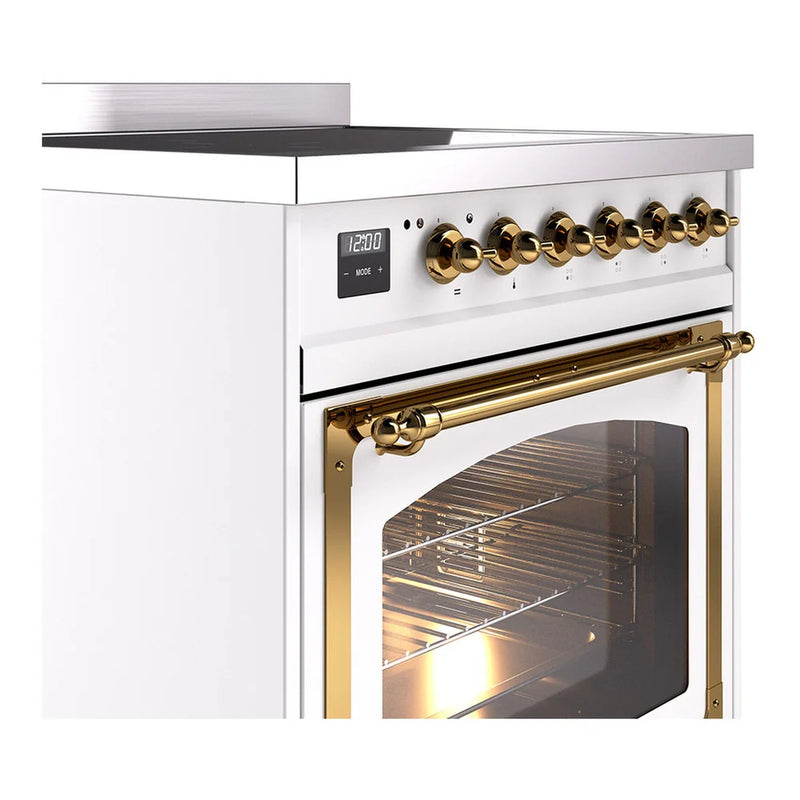 ILVE Nostalgie II Noblesse 30" Induction Freestanding Range in White with Brass Trim, UNI304NMPWHG