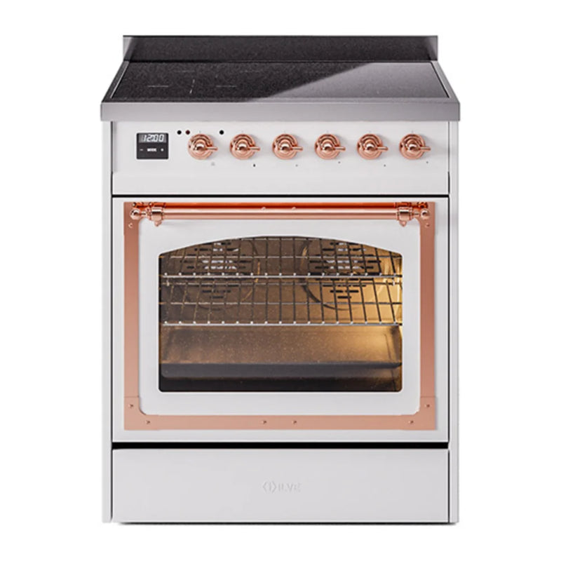 ILVE Nostalgie II Noblesse 30" Induction Freestanding Range in White with Copper Trim, UNI304NMPWHP