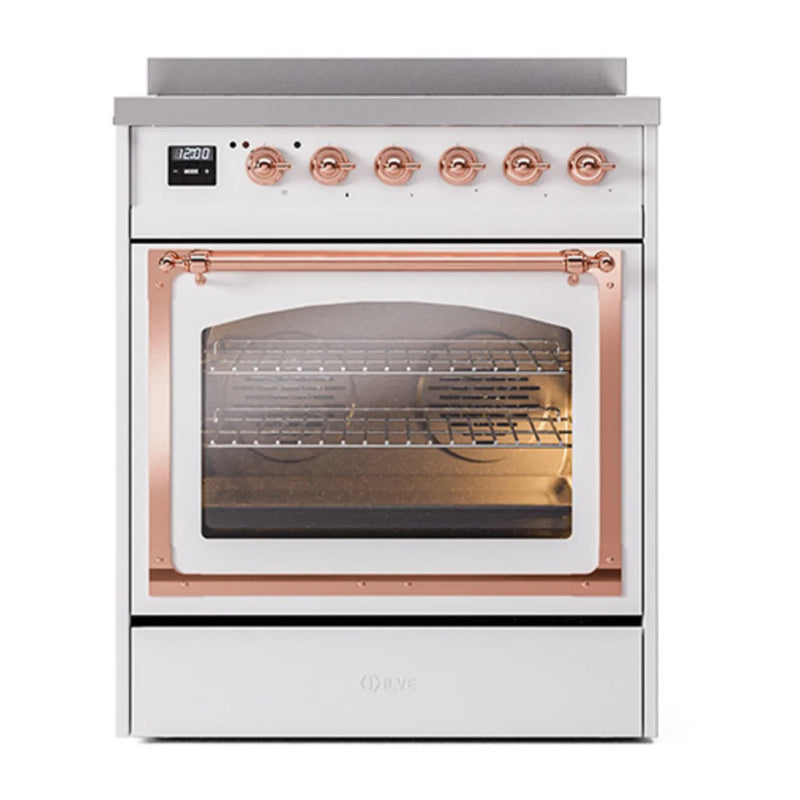 ILVE Nostalgie II Noblesse 30" Induction Freestanding Range in White with Copper Trim, UNI304NMPWHP