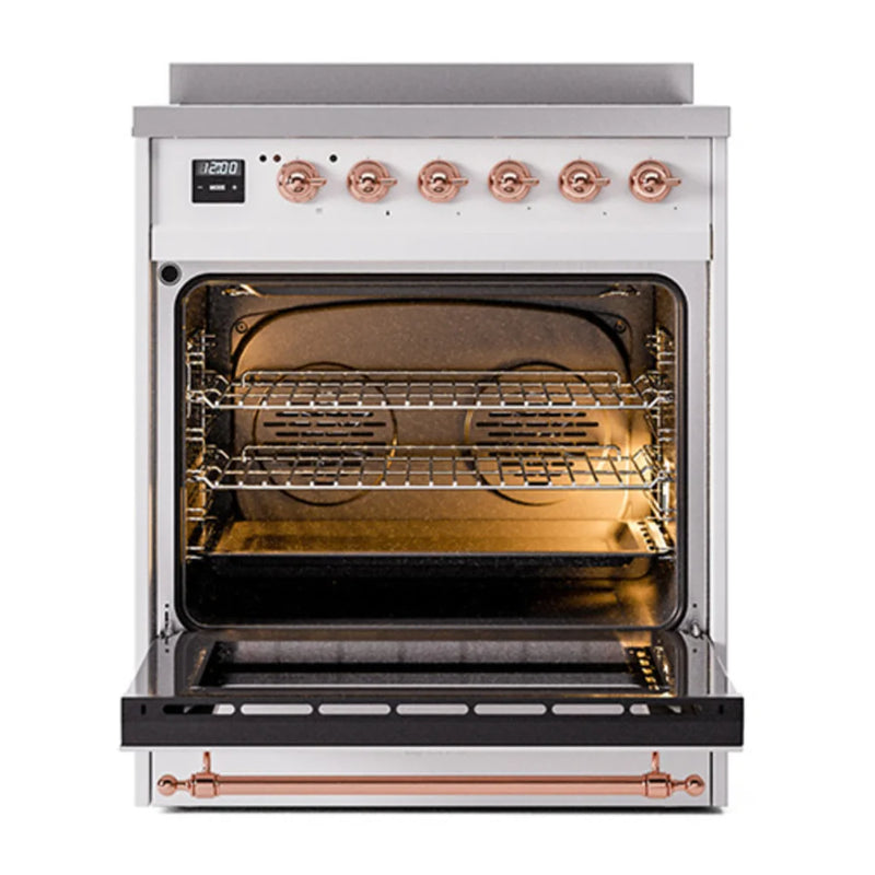 ILVE Nostalgie II Noblesse 30" Induction Freestanding Range in White with Copper Trim, UNI304NMPWHP