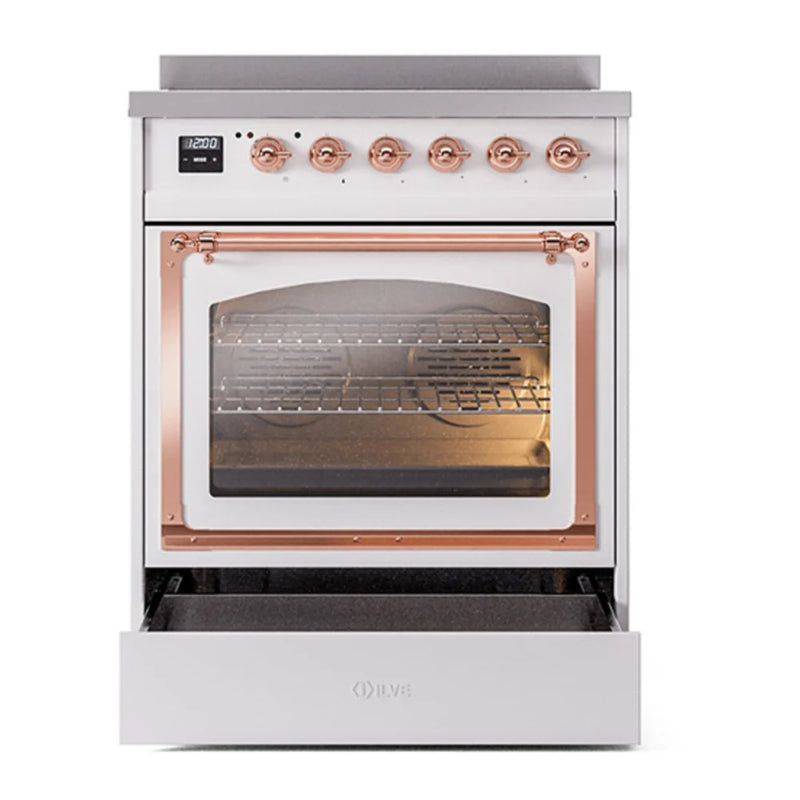 ILVE Nostalgie II Noblesse 30" Induction Freestanding Range in White with Copper Trim, UNI304NMPWHP