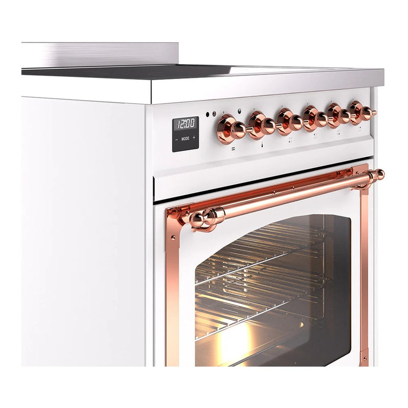 ILVE Nostalgie II Noblesse 30" Induction Freestanding Range in White with Copper Trim, UNI304NMPWHP