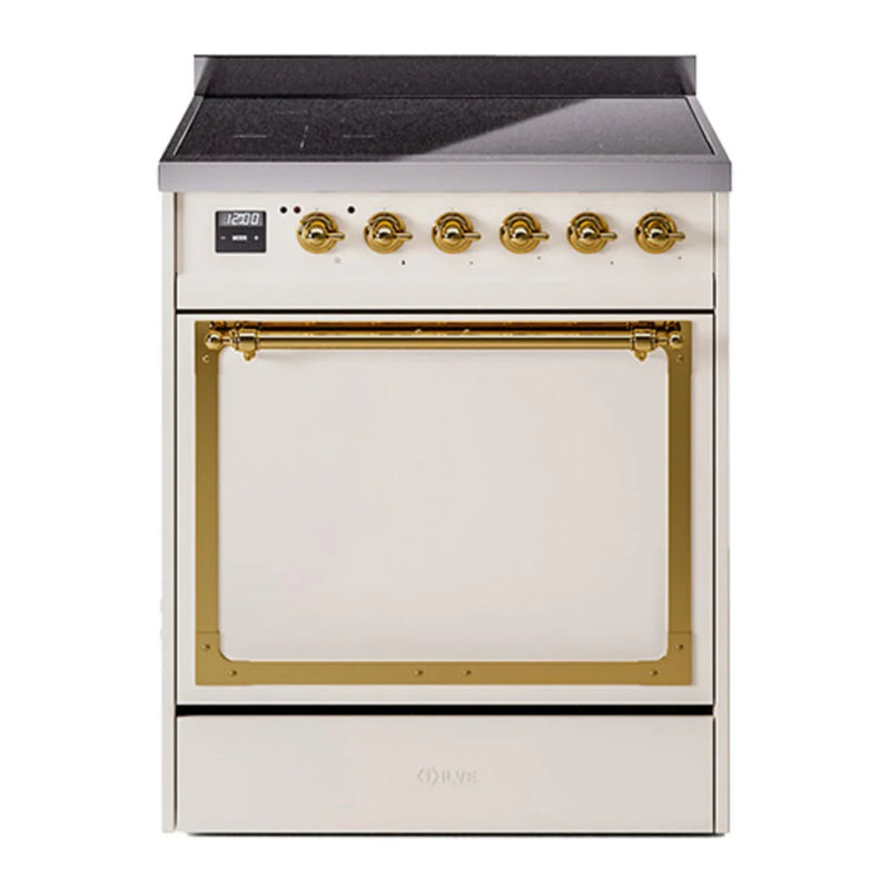 ILVE Nostalgie II Noblesse 30" Electric Freestanding Range in Antique White with Brass Trim, UNI304QNMPAWG