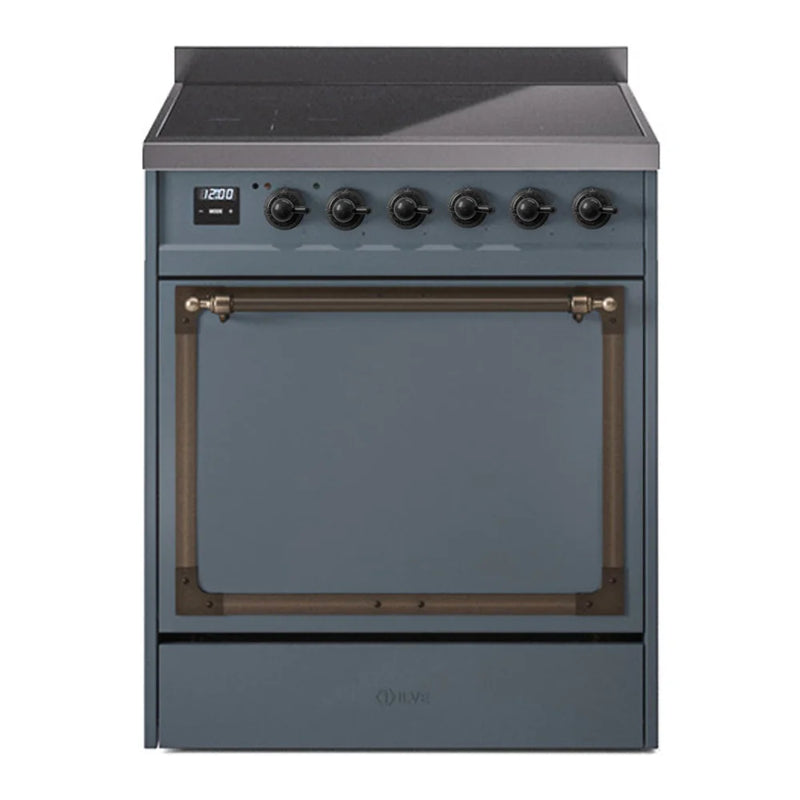 ILVE Nostalgie II Noblesse 30" Induction Freestanding Range in Blue Grey with Burnished Trim, UNI304QNMPBGB