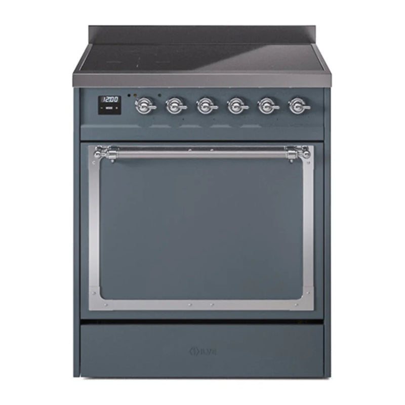 ILVE Nostalgie II Noblesse 30" Induction Freestanding Range in Blue Grey with Chrome Trim, UNI304QNMPBGC