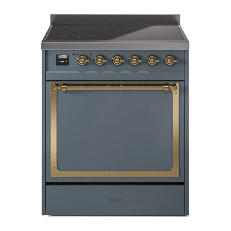 ILVE Nostalgie II Noblesse 30" Induction Freestanding Range in Blue Grey with Brass Trim, UNI304QNMPBGG