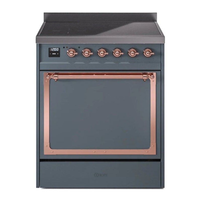 ILVE Nostalgie II Noblesse 30" Induction Freestanding Range in Blue Grey with Copper Trim, UNI304QNMPBGP