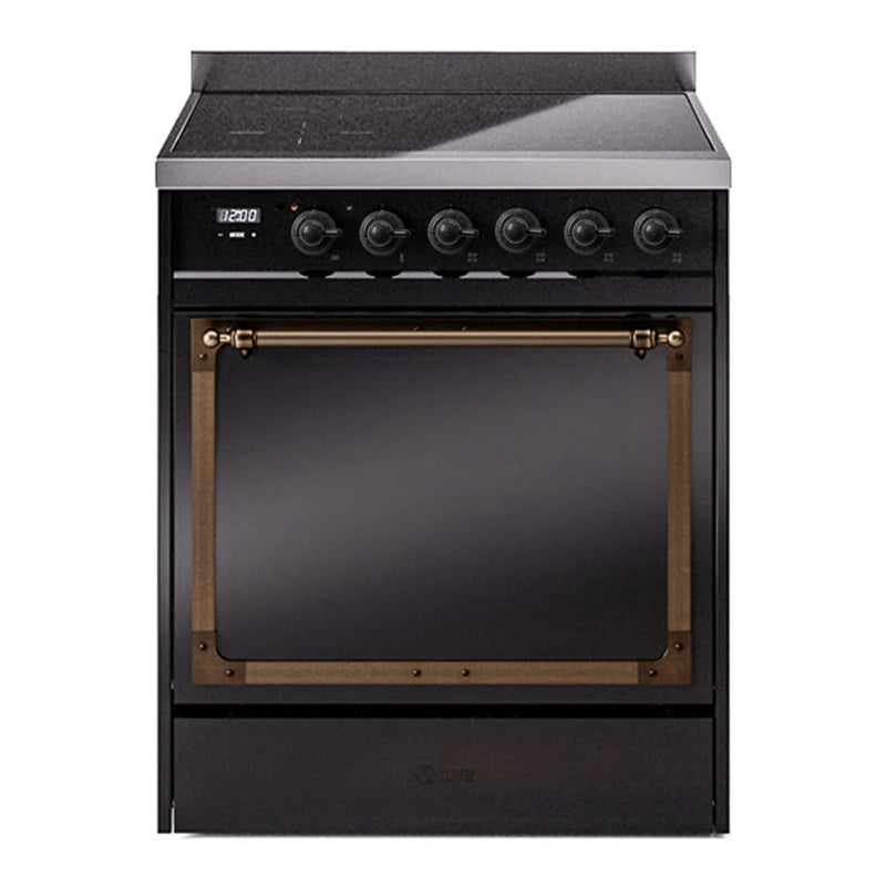 ILVE Nostalgie II Noblesse 30" Induction Freestanding Range in Glossy Black with Burnished Trim, UNI304QNMPBKB
