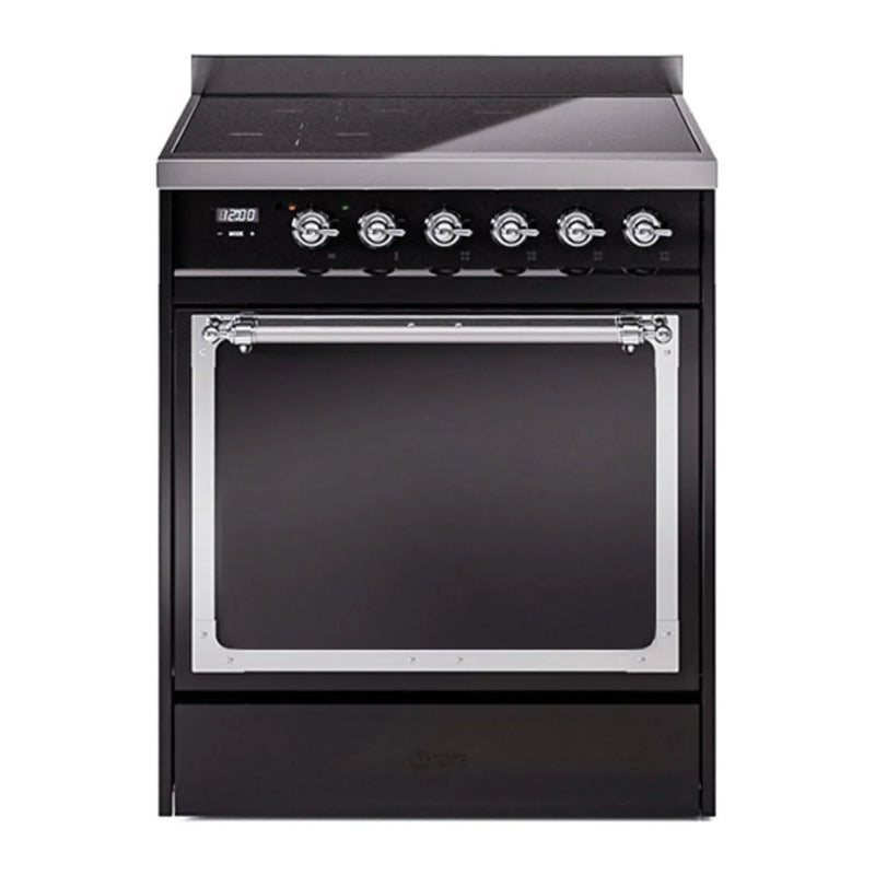 ILVE Nostalgie II Noblesse 30" Induction Freestanding Range in Glossy Black with Chrome Trim, UNI304QNMPBKC