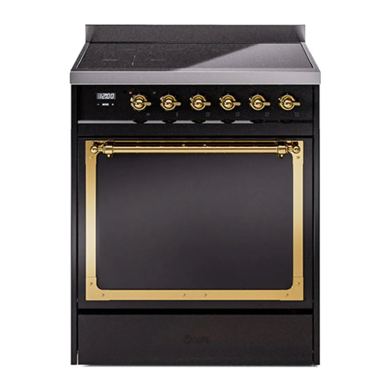 ILVE Nostalgie II Noblesse 30" Induction Freestanding Range in Glossy Black with Brass Trim, UNI304QNMPBKG