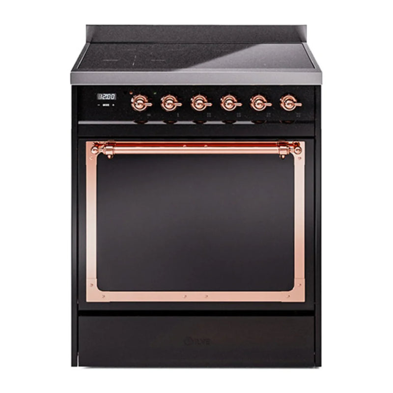 ILVE Nostalgie II Noblesse 30" Induction Freestanding Range in Glossy Black with Copper Trim, UNI304QNMPBKP